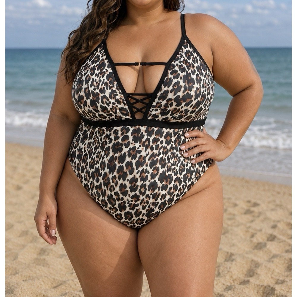 Plus Size One Piece Leopard V Cut Swimsuit Size XXXL